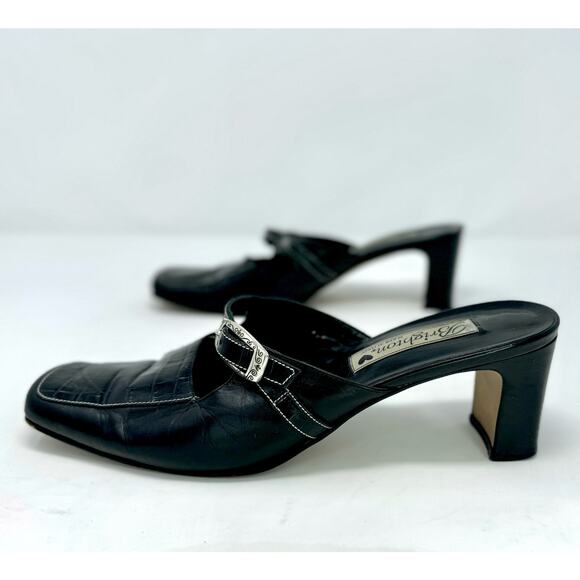 Brighton Tanner Black Leather Croc Embossed Buckle Mule Heels Size 8M Square Toe - Picture 5 of 10